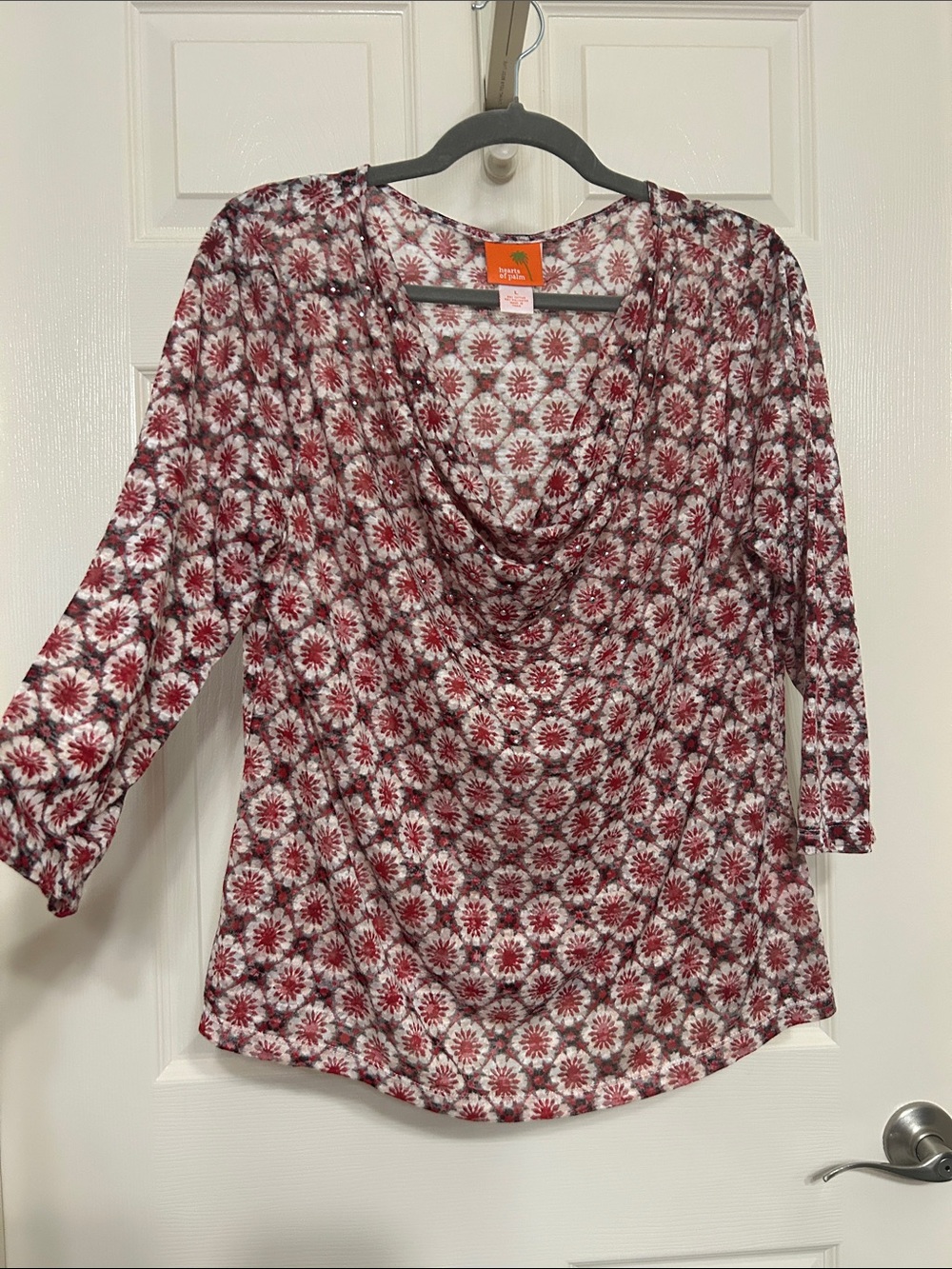 Hearts of Palm Boho Deep Red Floral Draped Neckline Top with Rhinestones